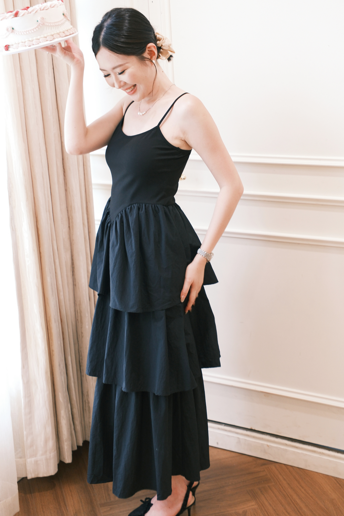 Vivienne Tiered V-Neck Maxi Dress in Black