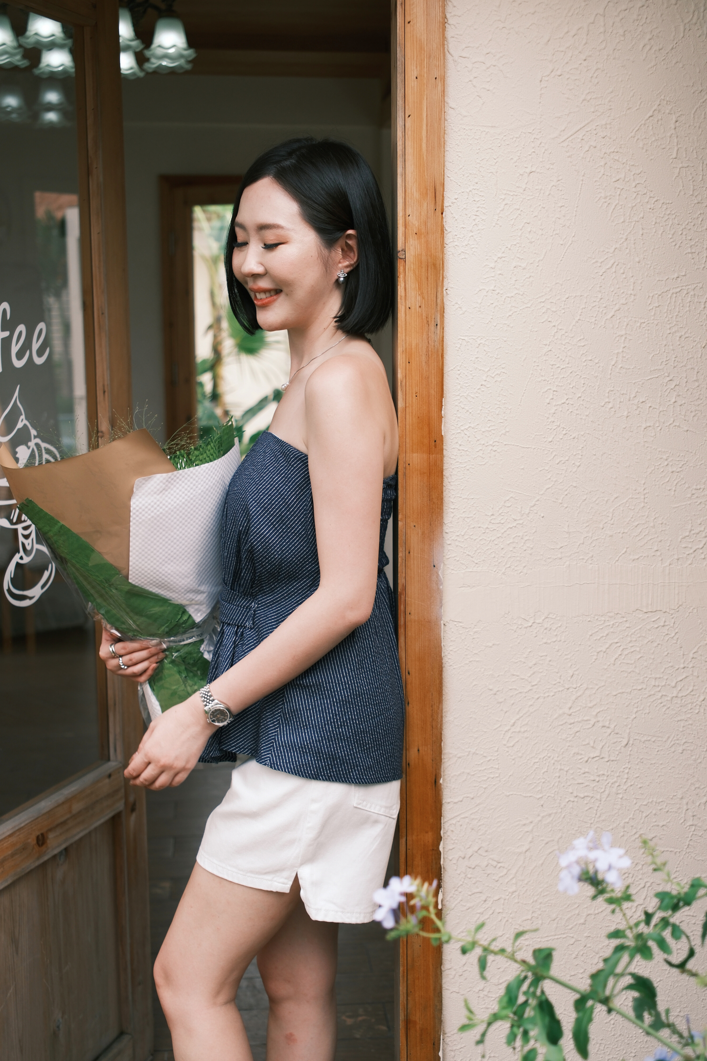 Éloise Strapless Pinstripe Peplum Top in Blue
