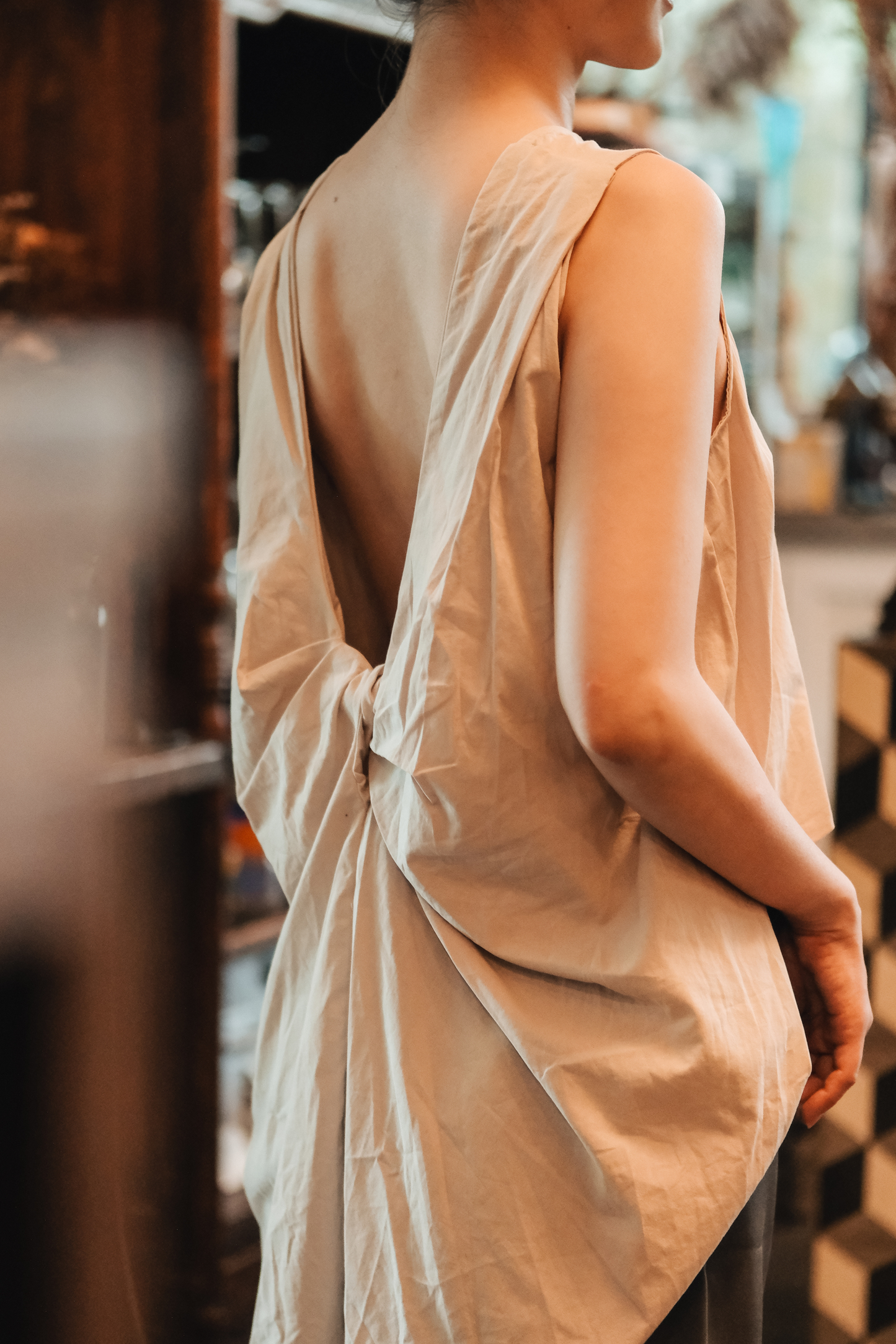Inès Draped Back Knot Top in Beige