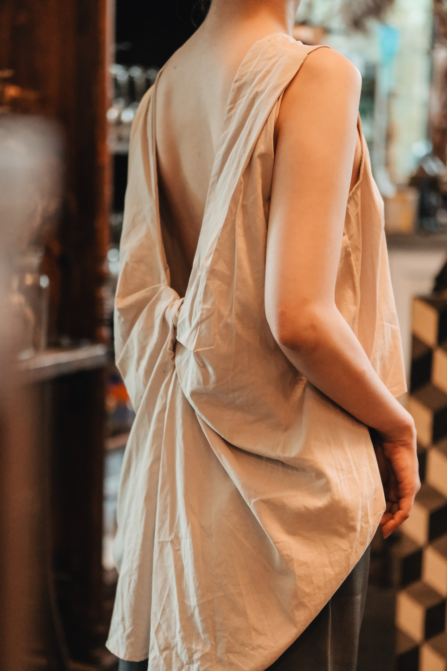 Inès Draped Back Knot Top in Beige