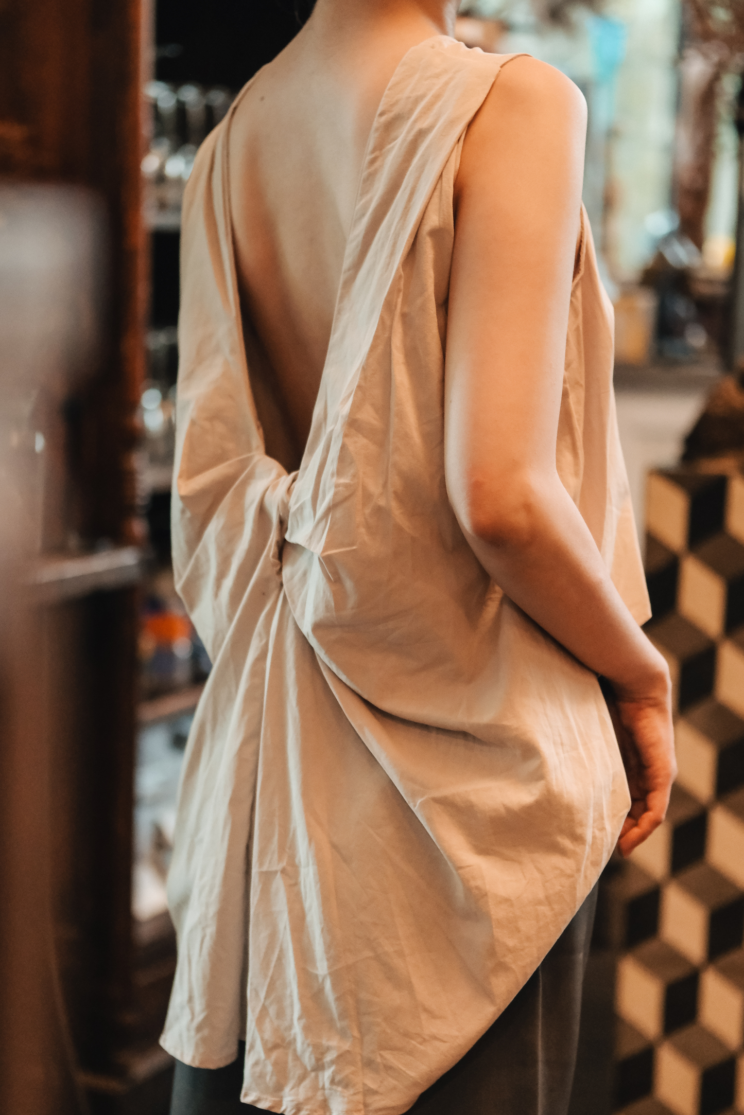 Inès Draped Back Knot Top in Beige