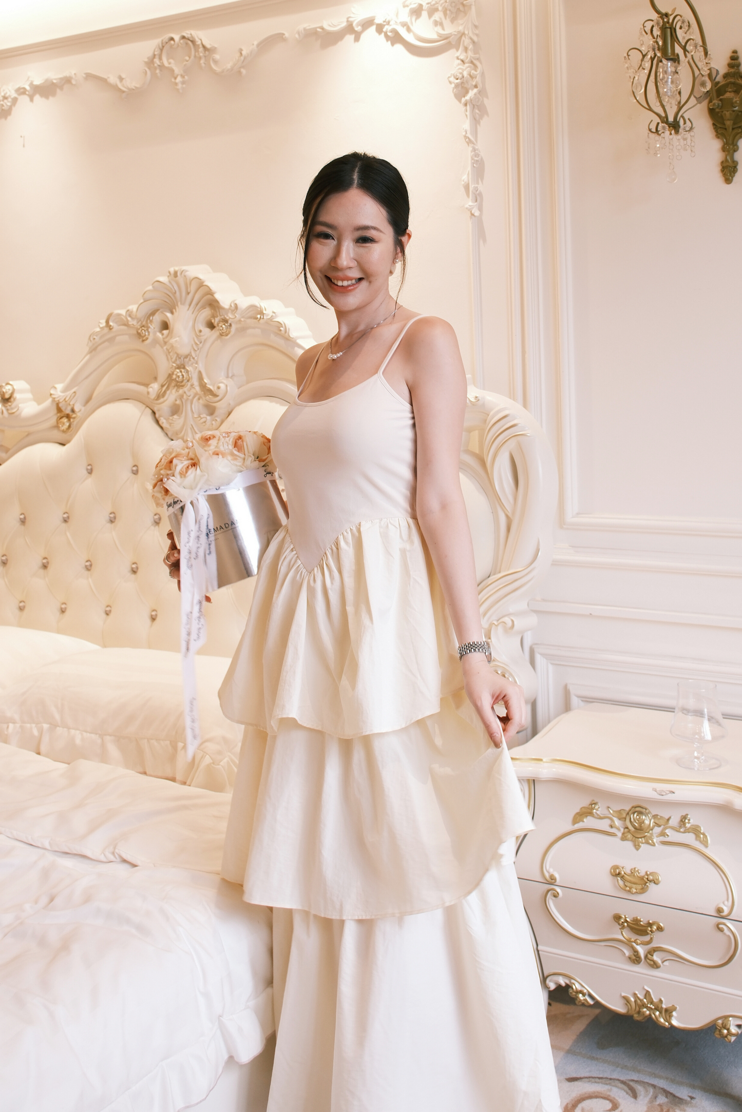 Vivienne Tiered V-Neck Maxi Dress in Beige