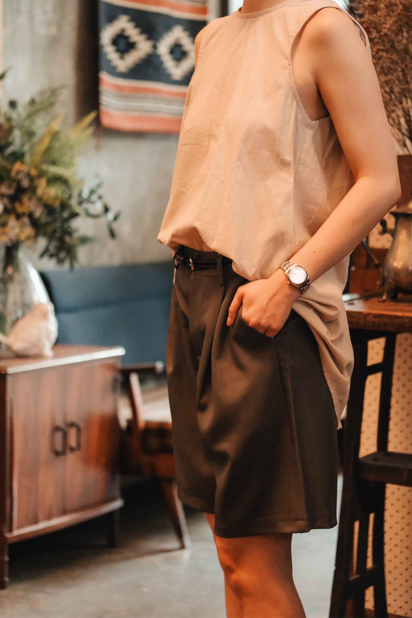 Inès Draped Back Knot Top in Beige