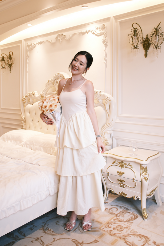 Vivienne Tiered V-Neck Maxi Dress in Beige