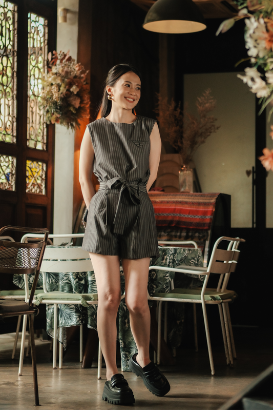 Evelyn Pinstripe Belted Two-Piece Set