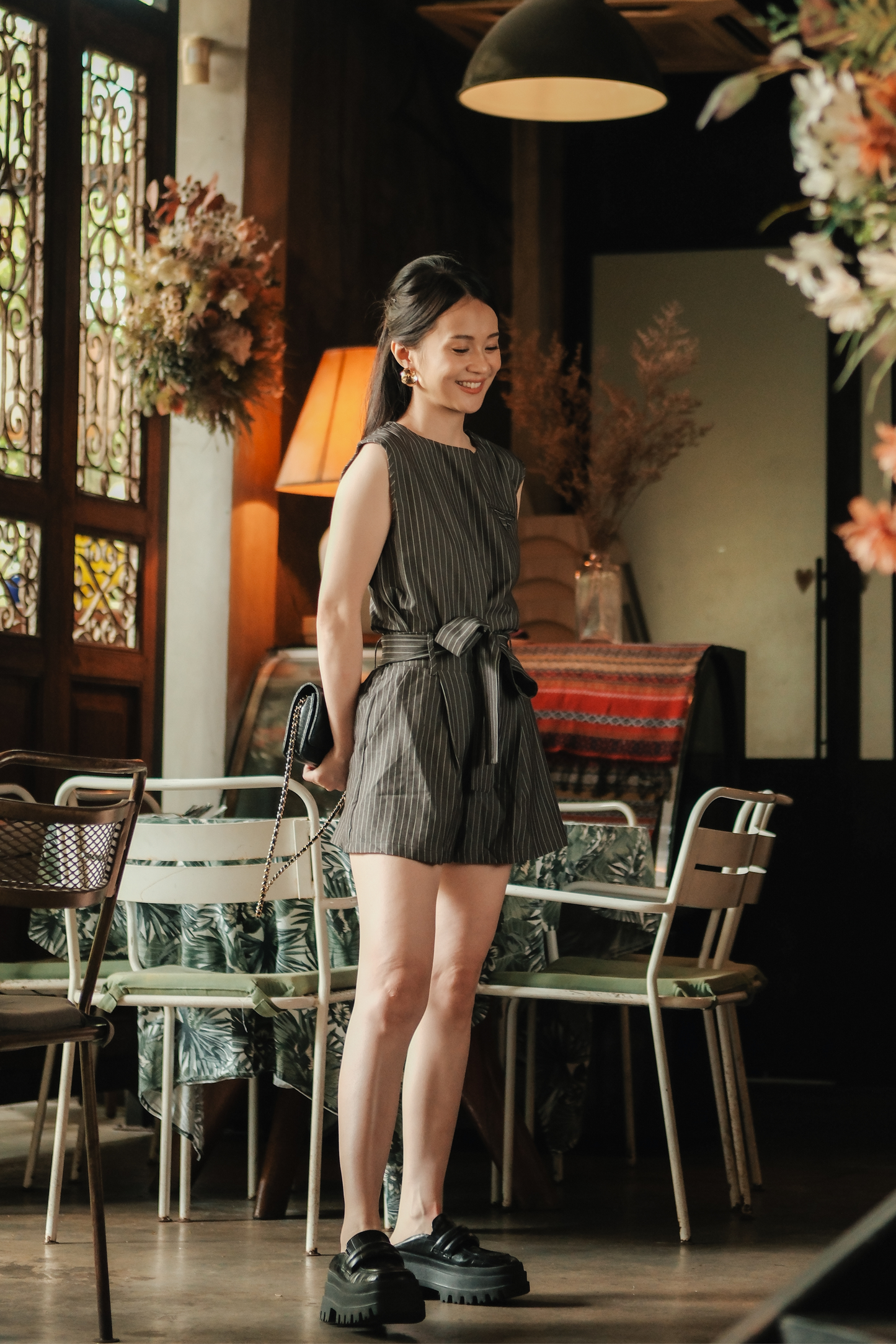 Evelyn Pinstripe Belted Two-Piece Set