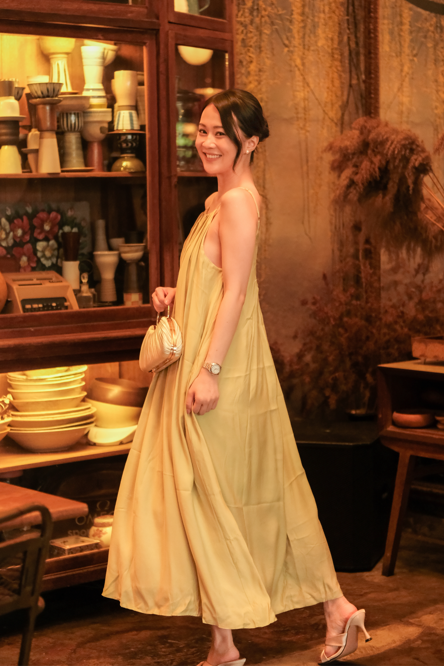 Solène Draped Back Maxi Dress in Olive