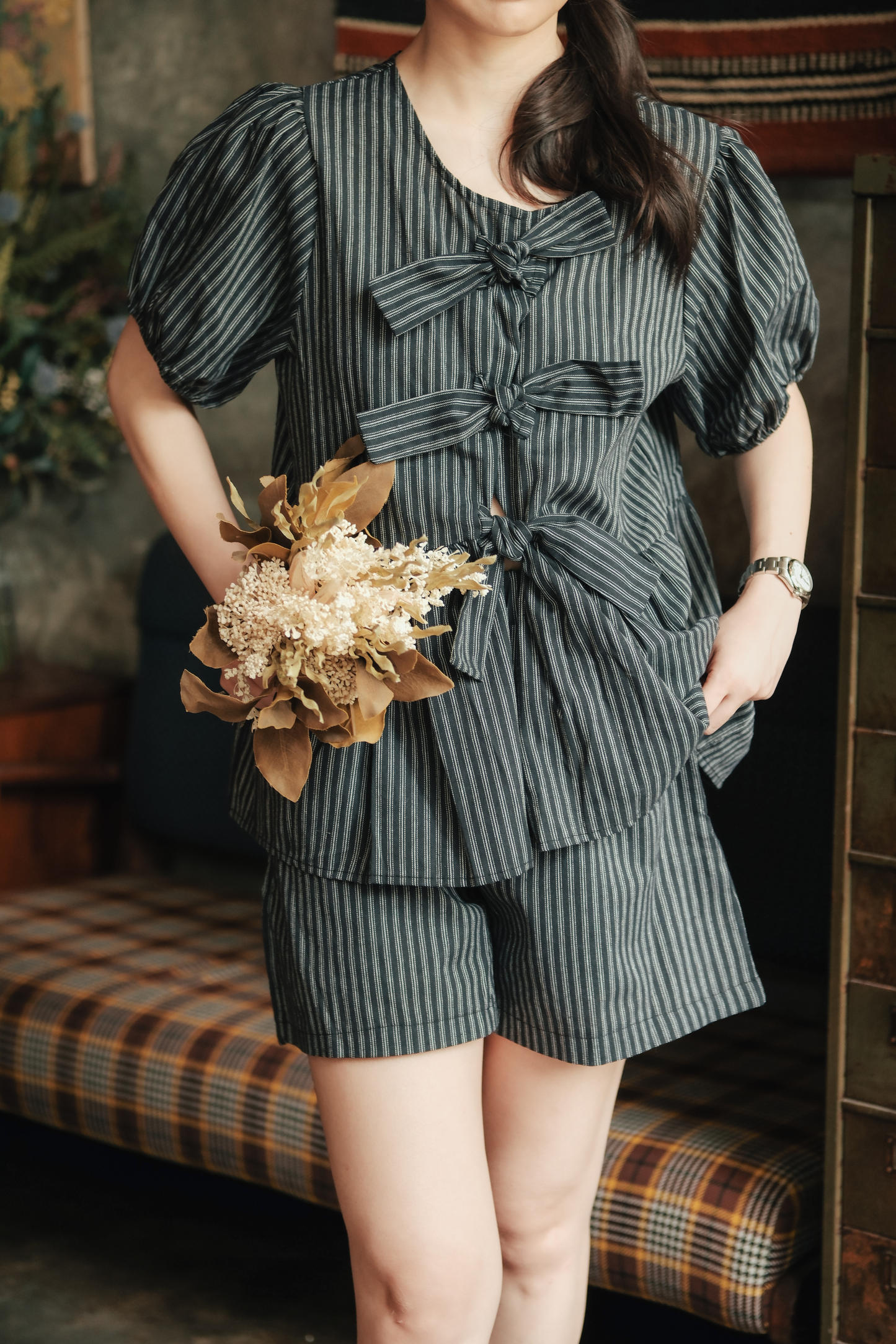 Maëlle Bow Tie Stripe TwinSet in Grey Black