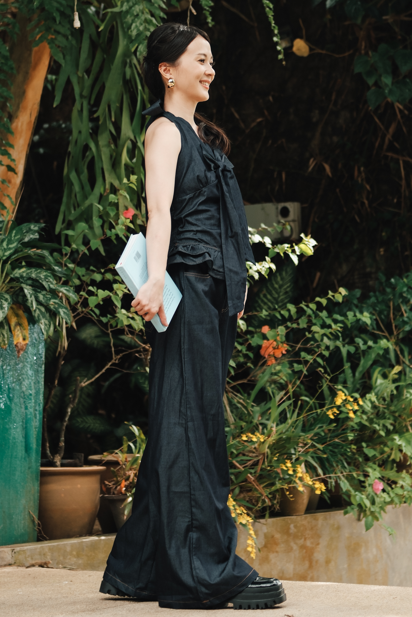 Clara Bow Halter Denim Top & Wide-Leg Pants Set