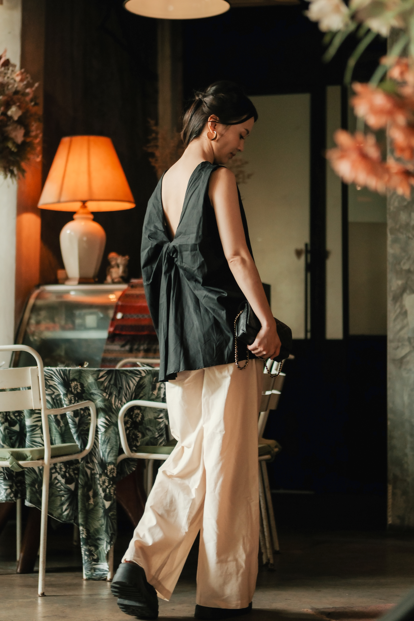 Inès Draped Back Knot Top in Black