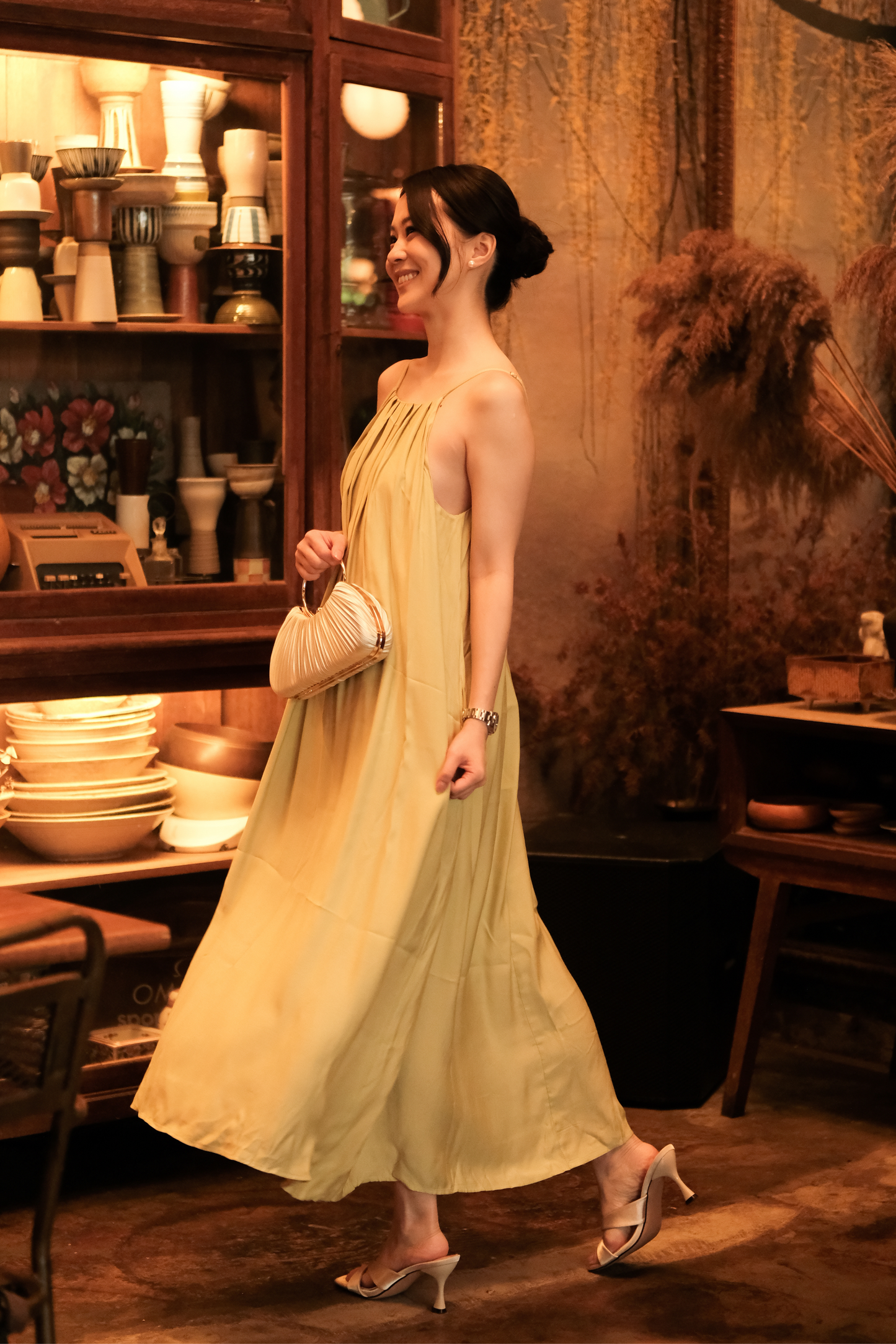 Solène Draped Back Maxi Dress in Olive