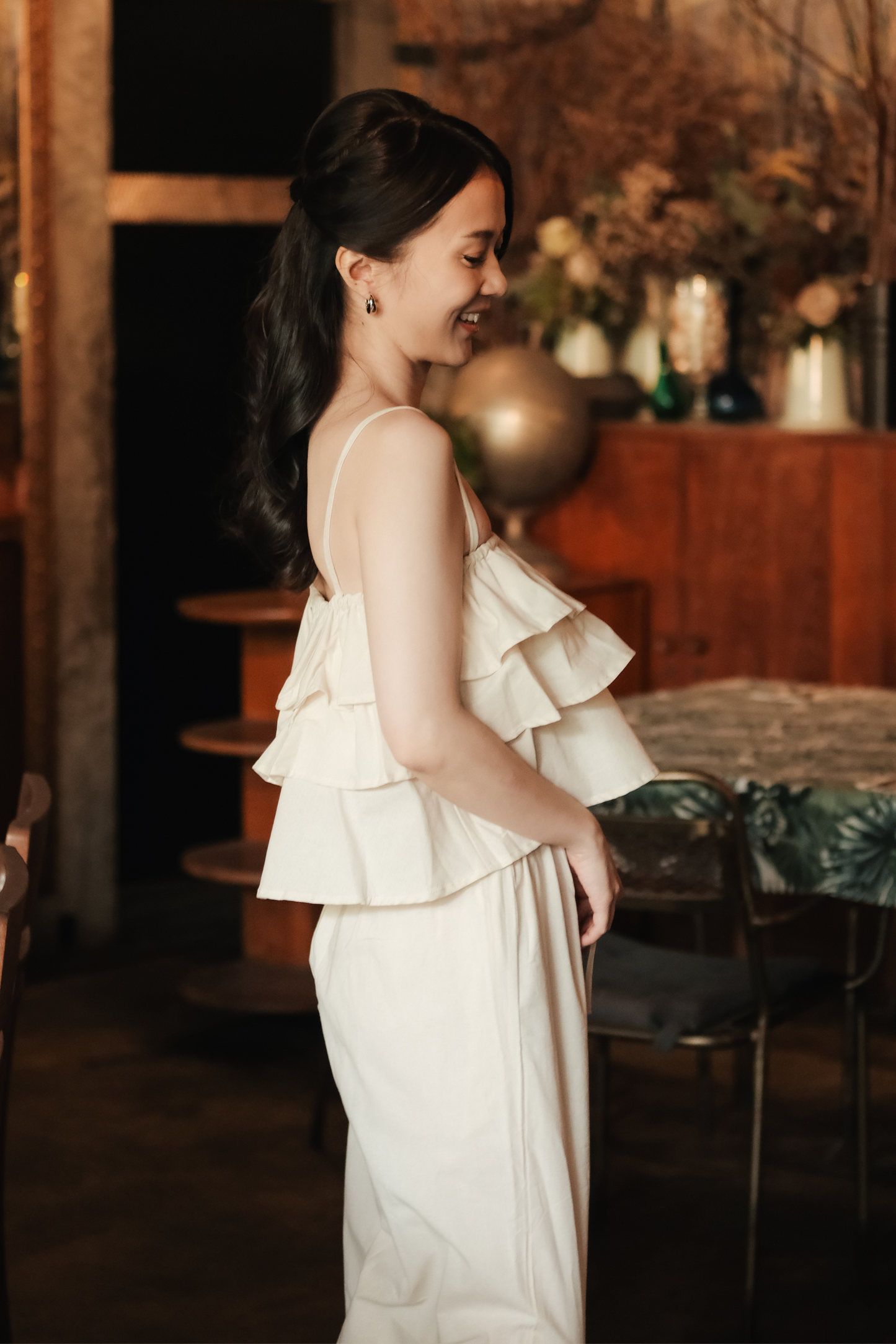 Lina Layered Ruffle Cami & Wide-Leg Pants in Beige