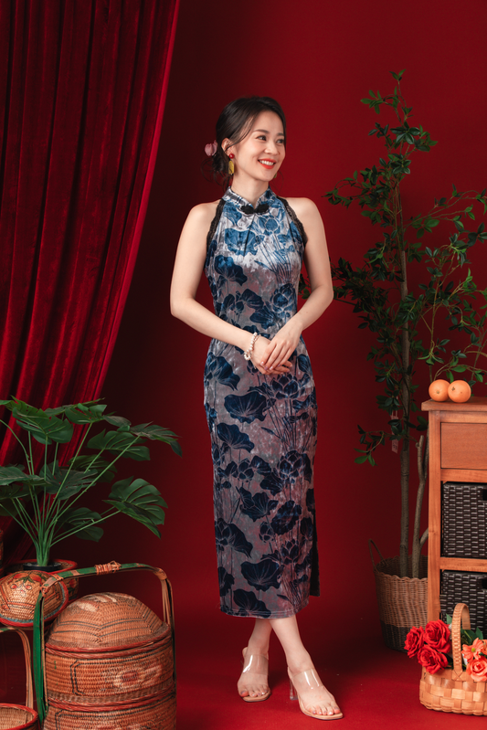 Velvet Eclipse Floral Cheongsam Dress