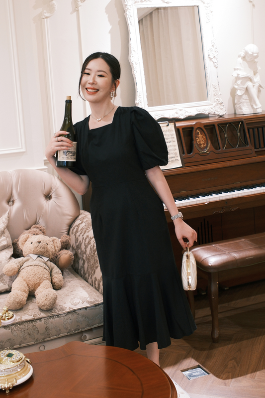 Odile Puff-Sleeve Open-Back Dress