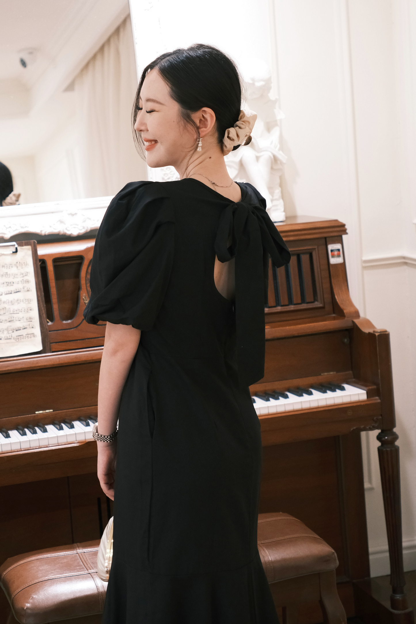 Odile Puff-Sleeve Open-Back Dress