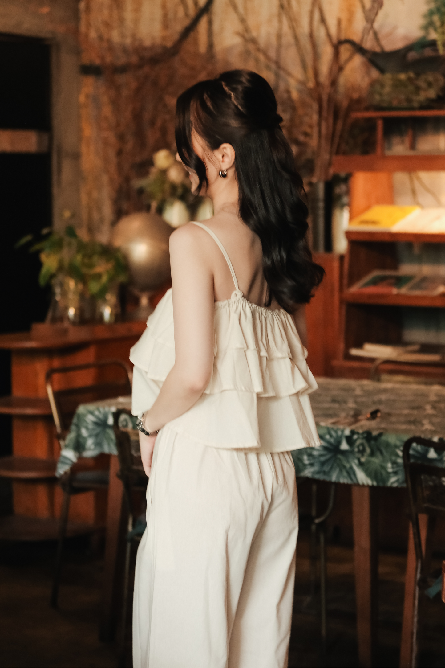 Lina Layered Ruffle Cami & Wide-Leg Pants in Beige