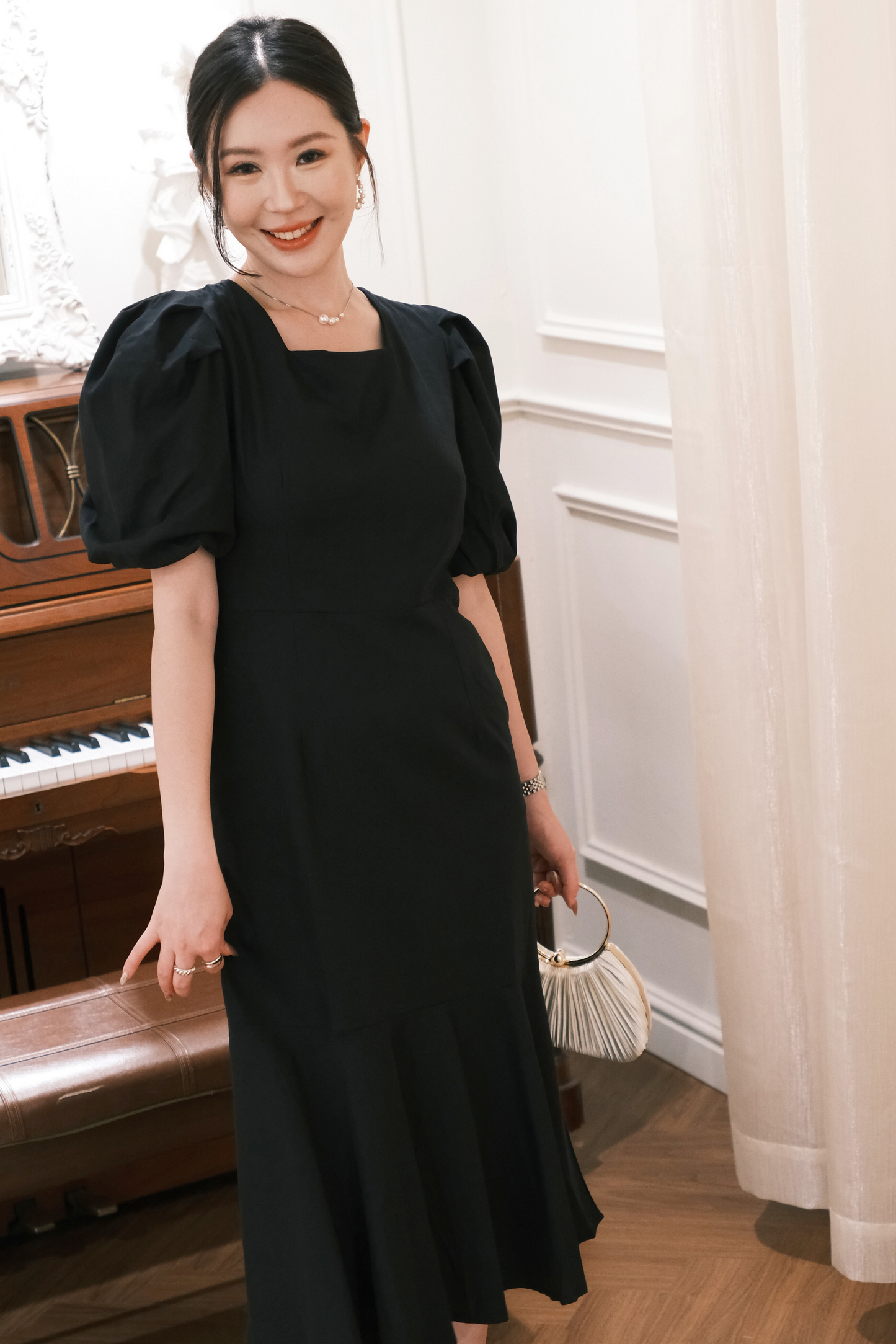 Odile Puff-Sleeve Open-Back Dress
