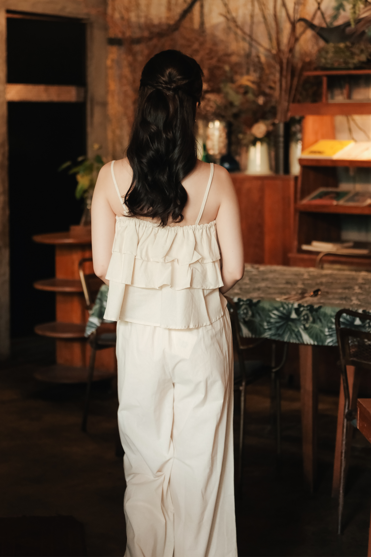 Lina Layered Ruffle Cami & Wide-Leg Pants in Beige