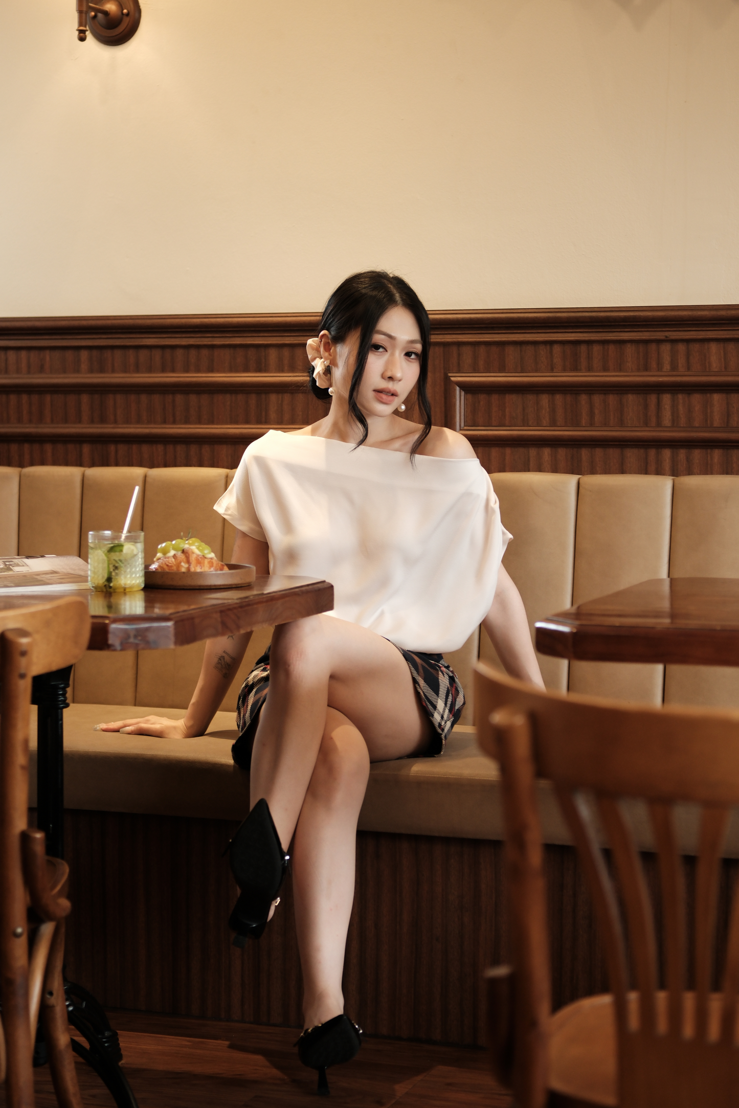 Claire Draped Satin Top in Ivory
