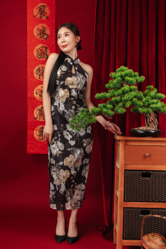Noir Bloom Halter Cheongsam Dress