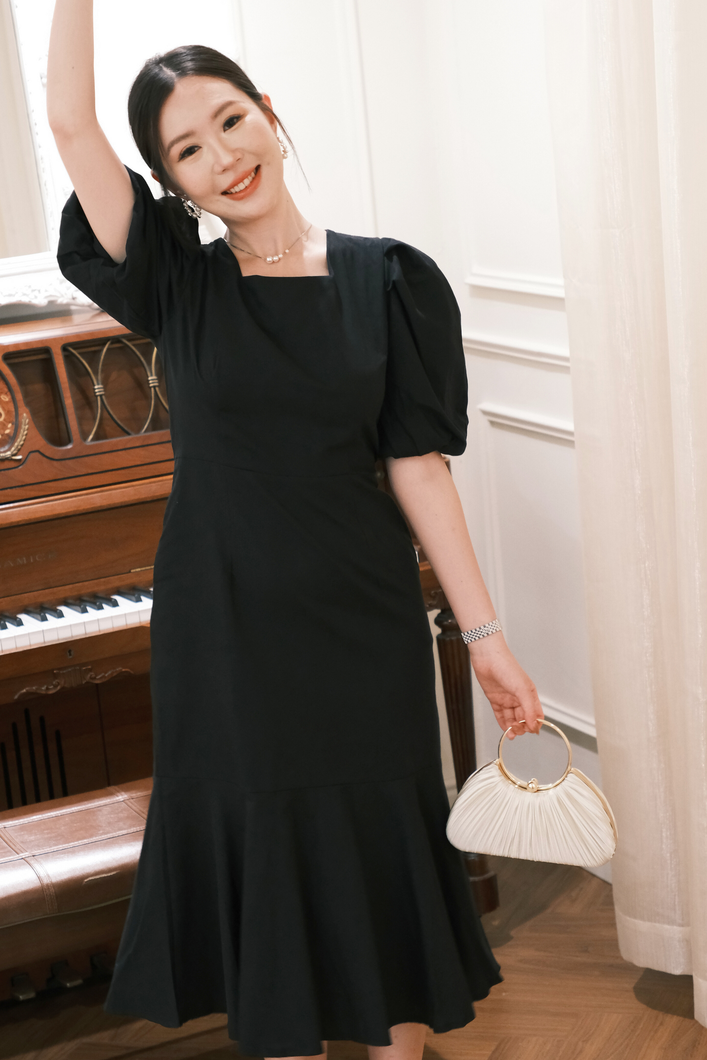 Odile Puff-Sleeve Open-Back Dress