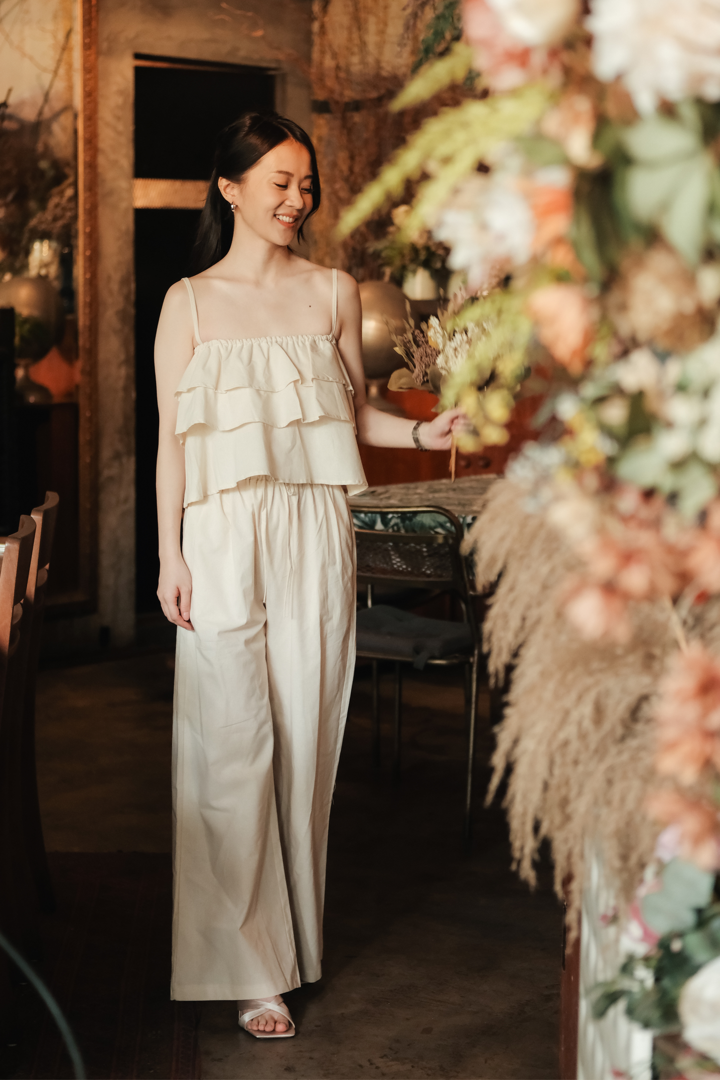 Lina Layered Ruffle Cami & Wide-Leg Pants in Beige