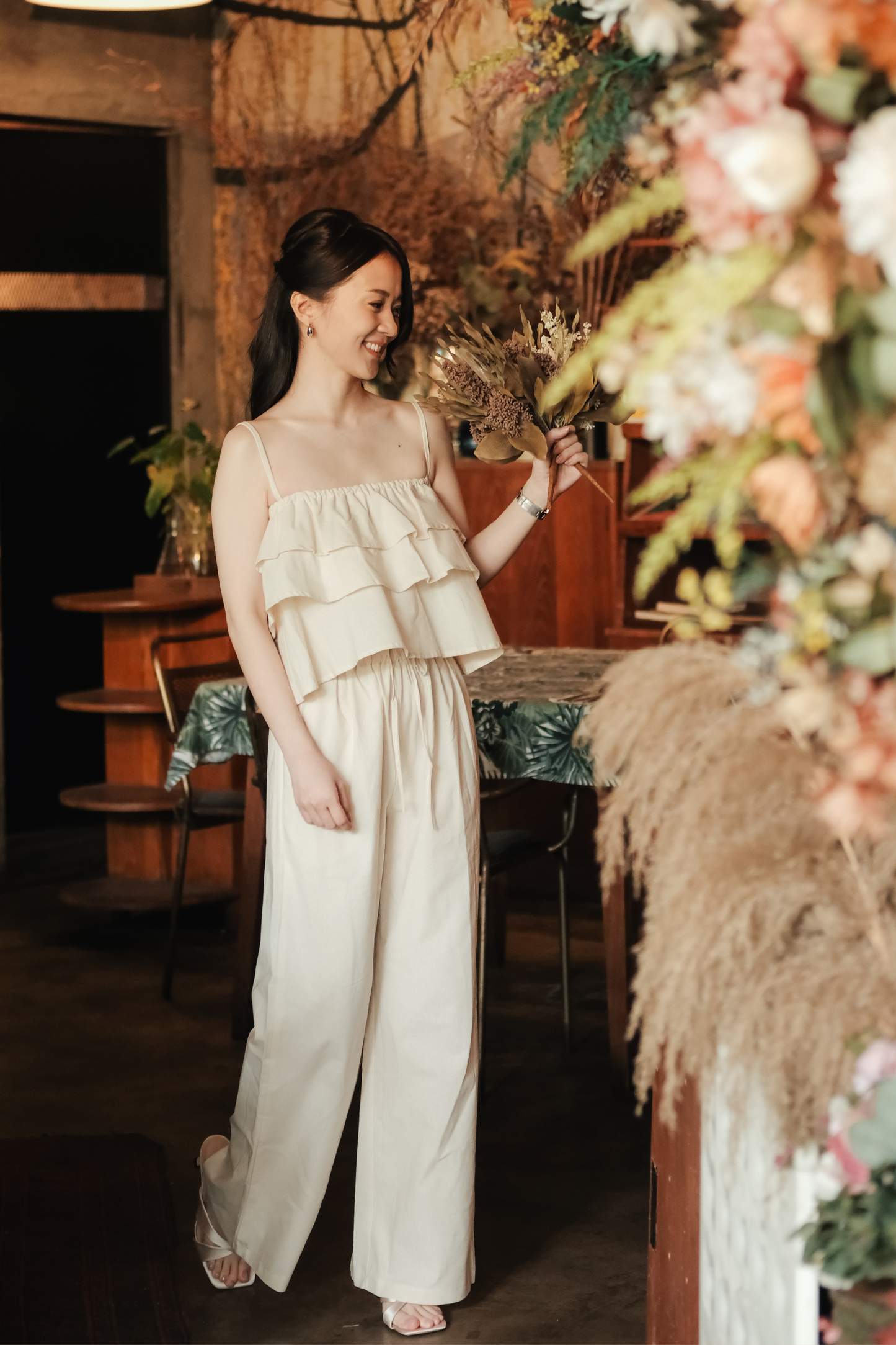 Lina Layered Ruffle Cami & Wide-Leg Pants in Beige