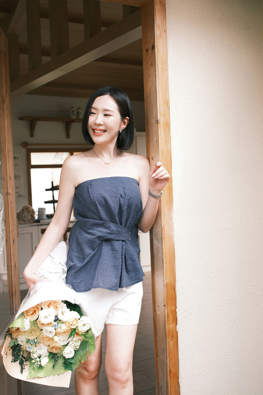 Éloise Strapless Pinstripe Peplum Top in Blue