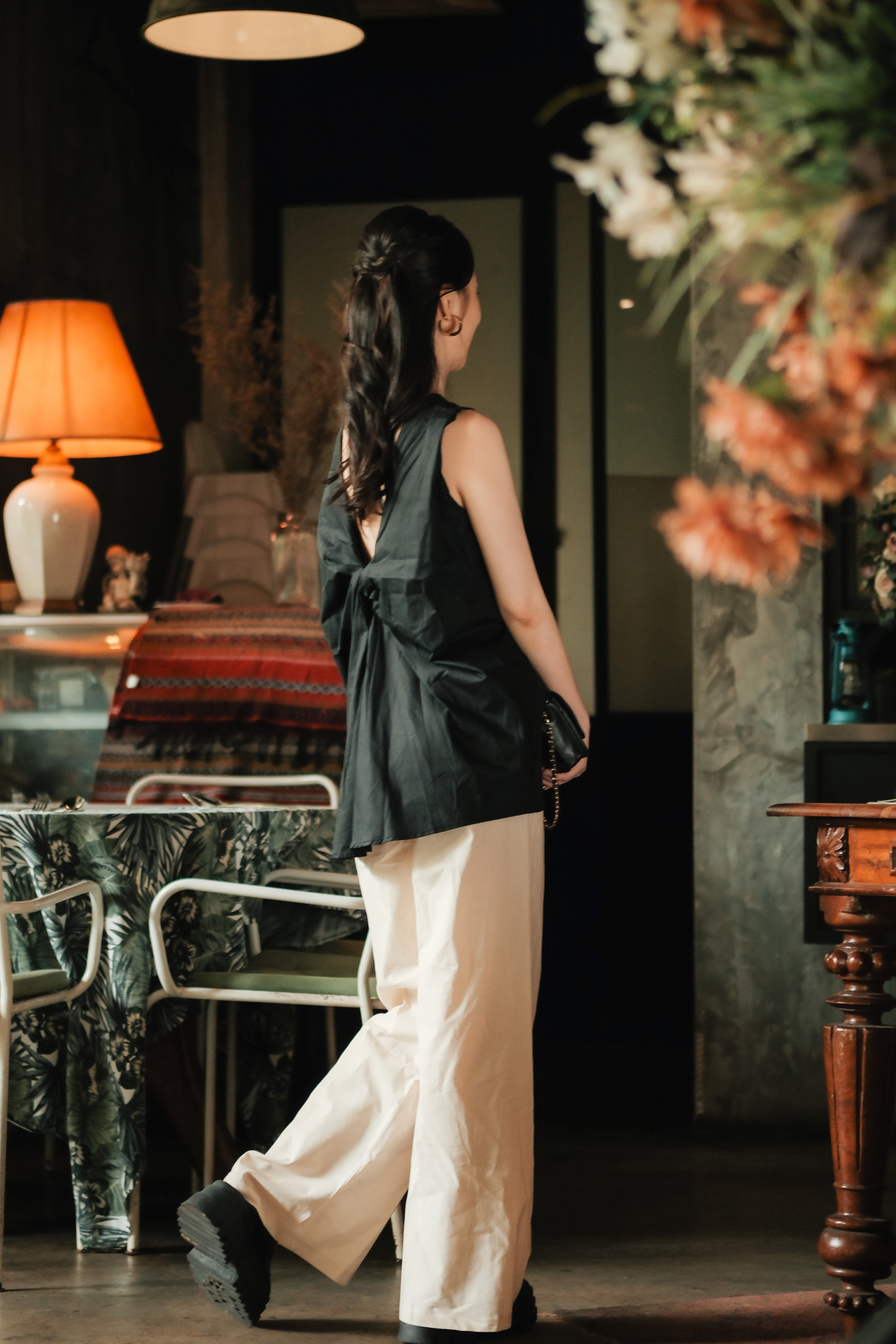 Inès Draped Back Knot Top in Black