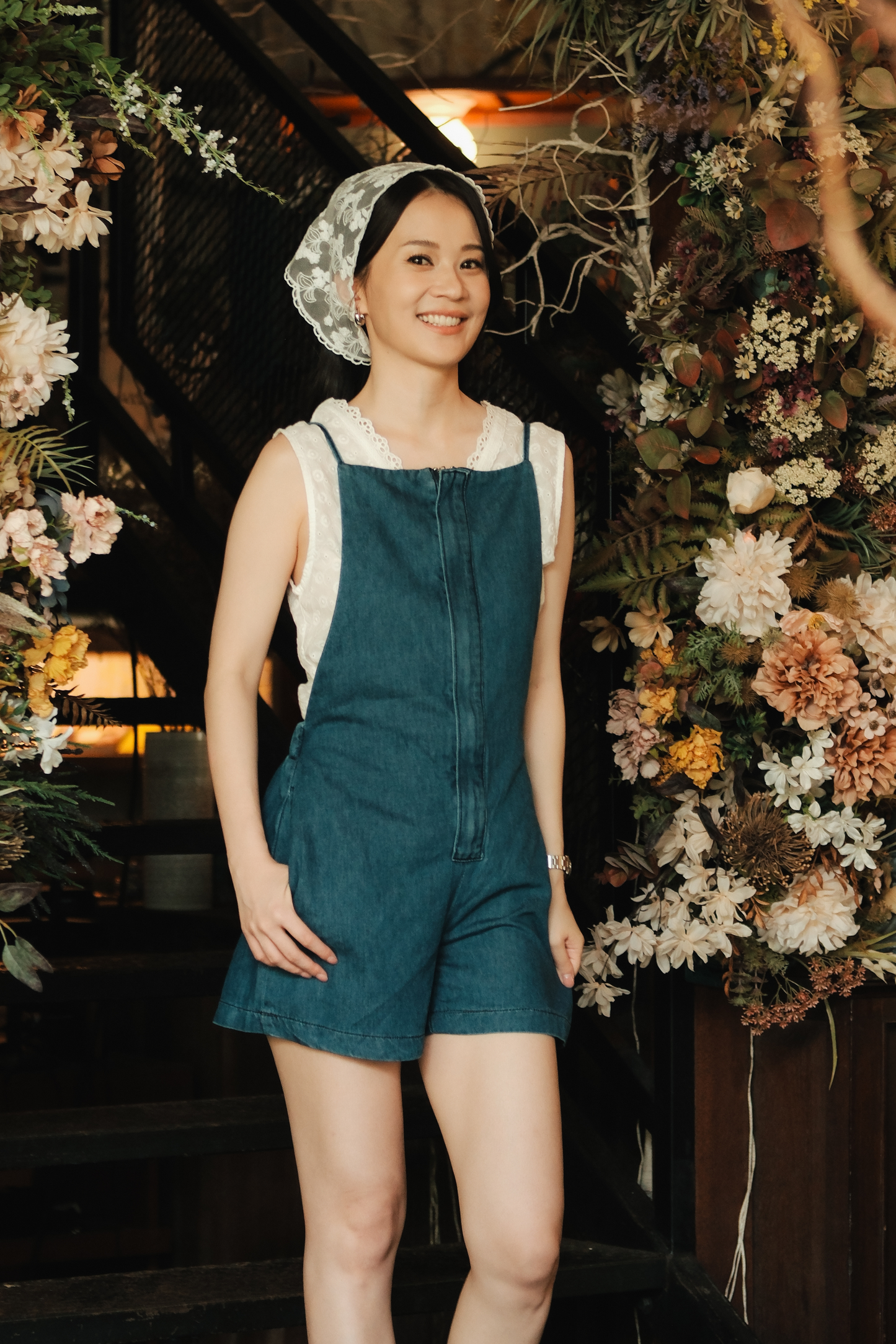 Odette Cross-Back Denim Romper