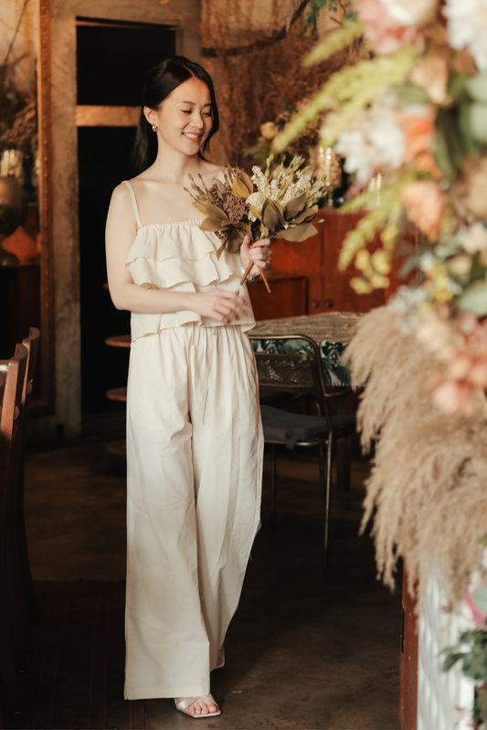 Lina Layered Ruffle Cami & Wide-Leg Pants in Beige