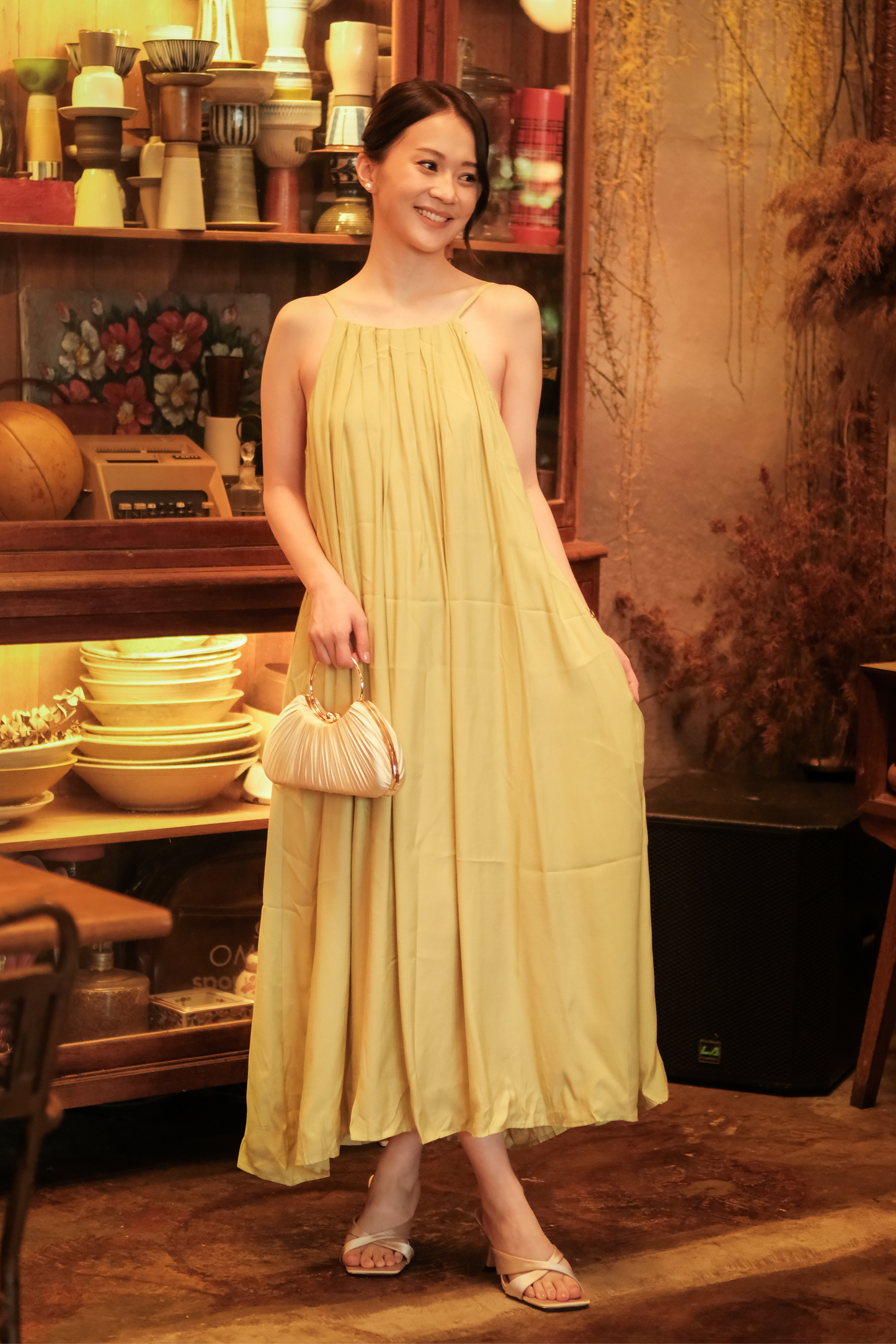Solène Draped Back Maxi Dress in Olive