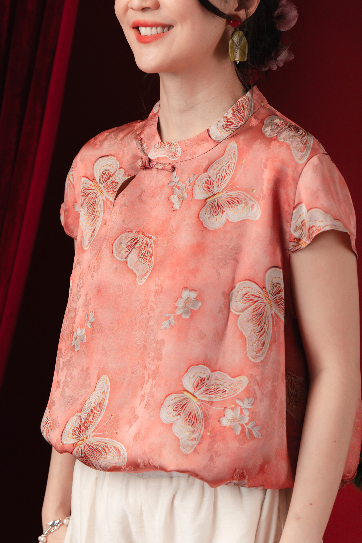Lina Satin-Bloom Mandarin Blouse