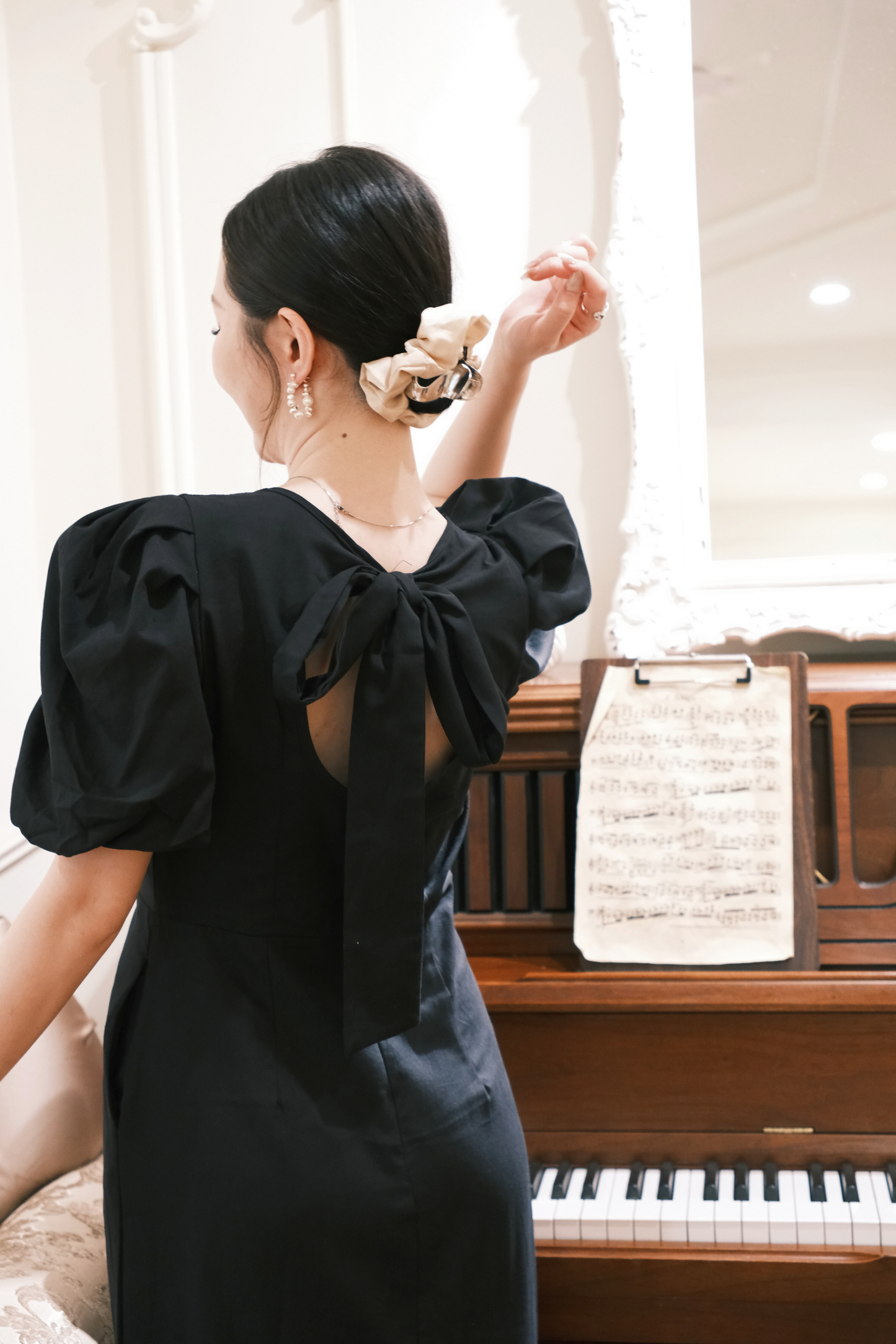 Odile Puff-Sleeve Open-Back Dress