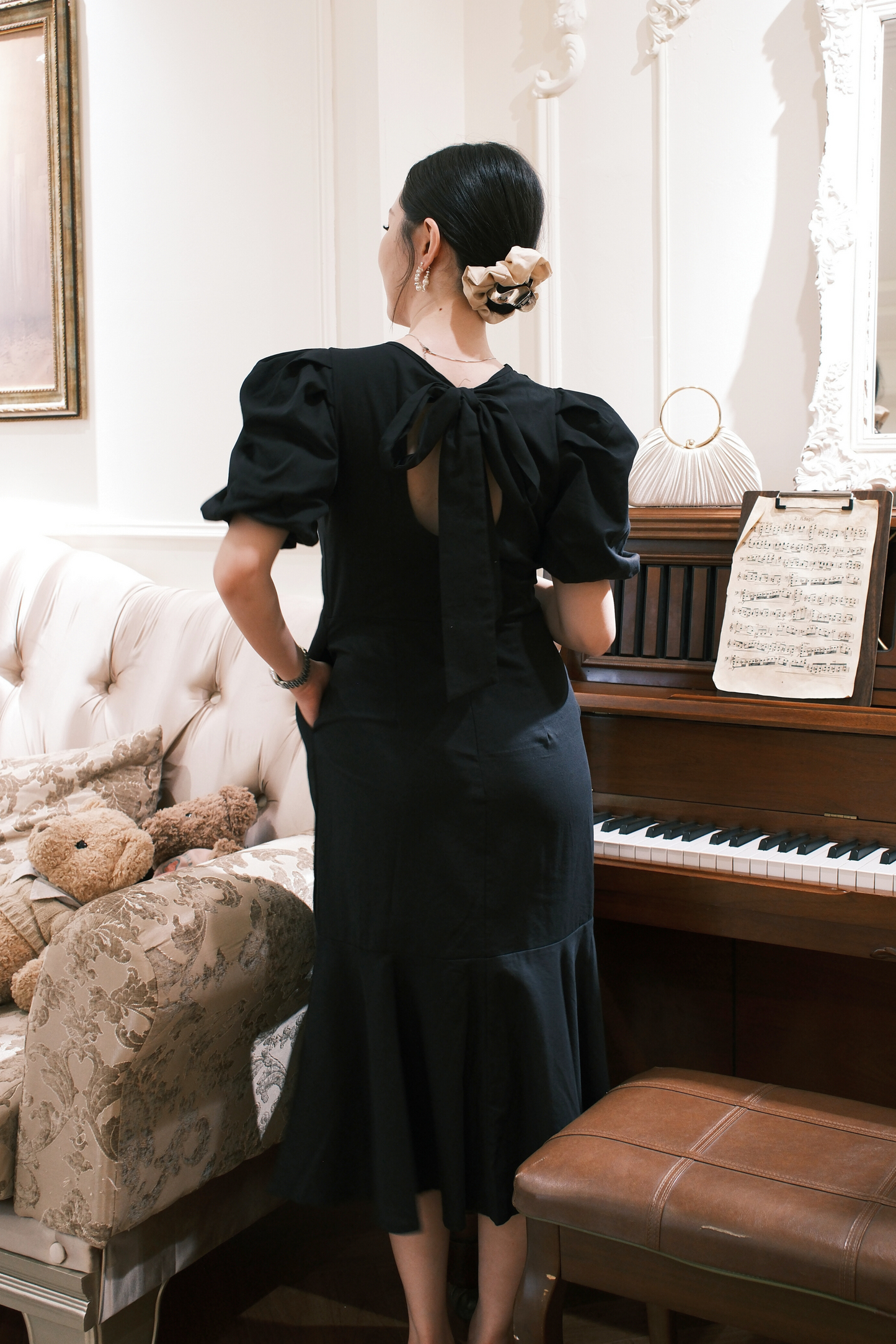 Odile Puff-Sleeve Open-Back Dress