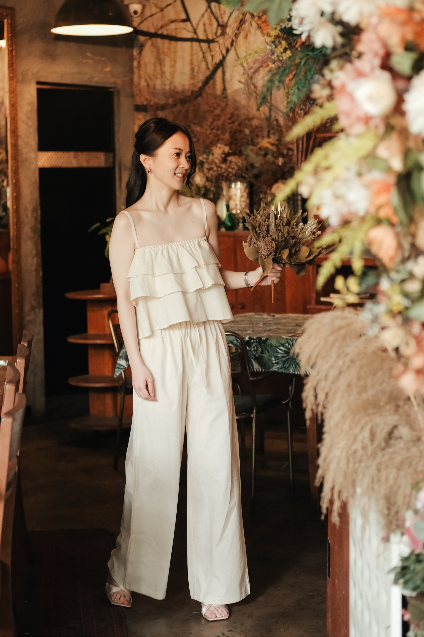 Lina Layered Ruffle Cami & Wide-Leg Pants in Beige