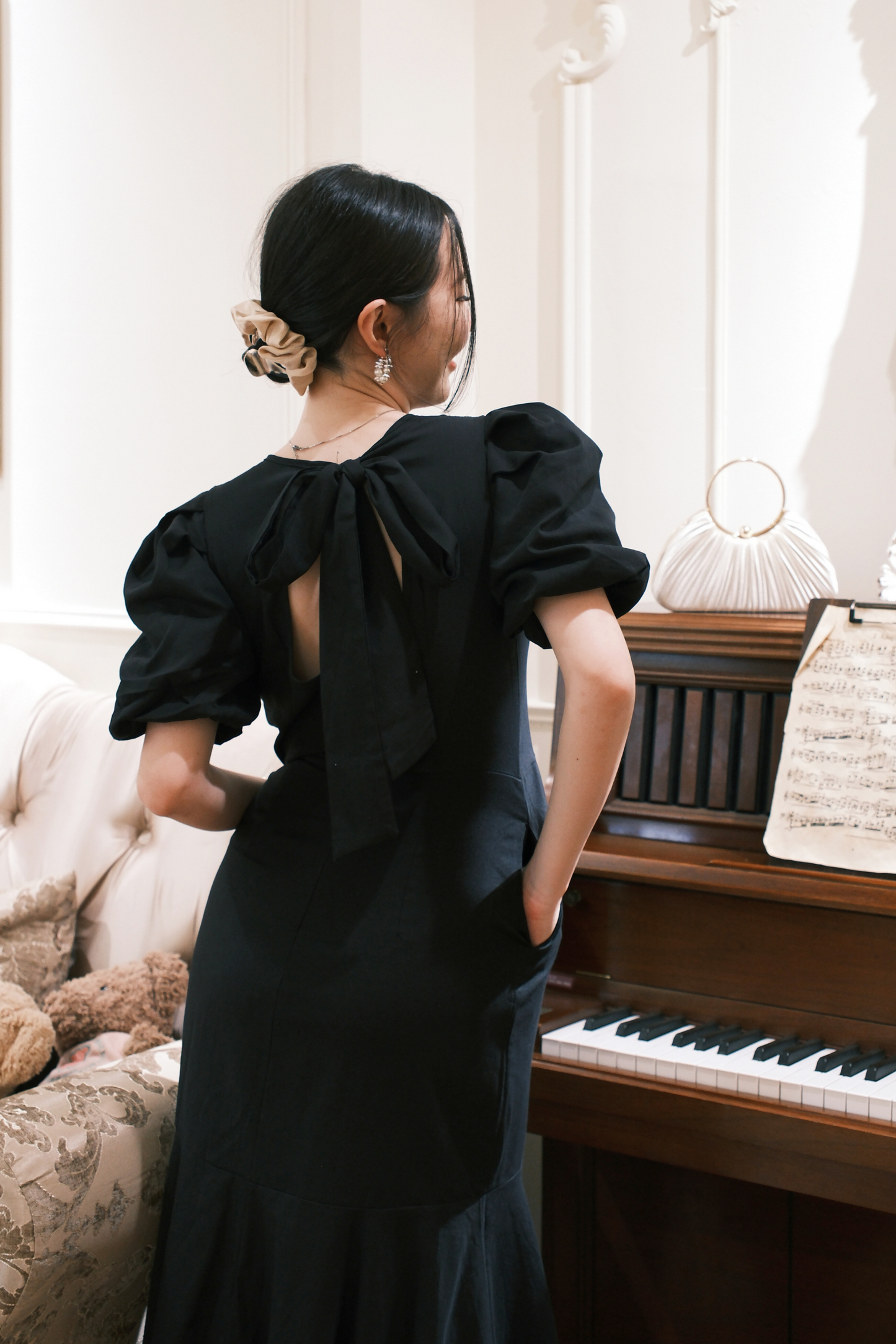 Odile Puff-Sleeve Open-Back Dress