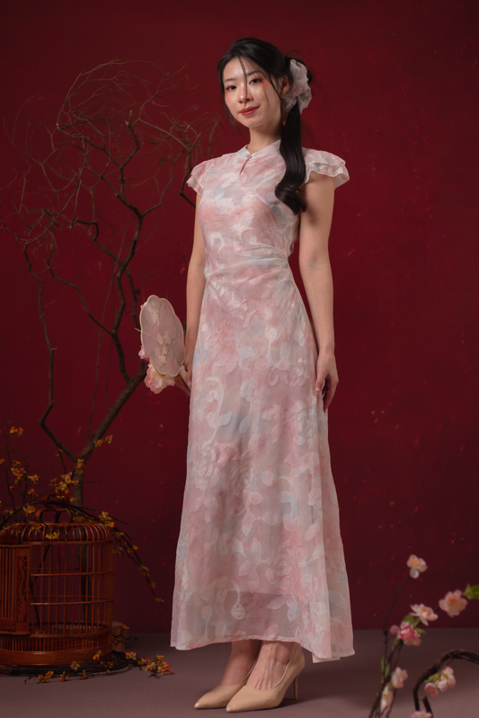 Fleur Rosée Cheongsam Dress in Blush Pink