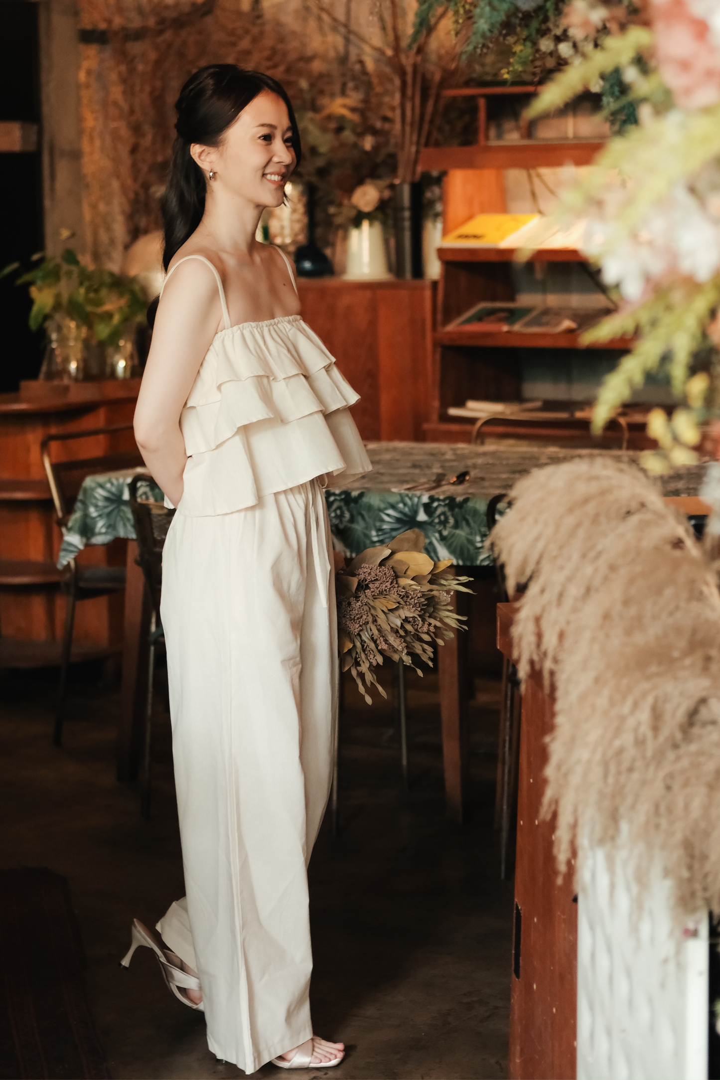 Lina Layered Ruffle Cami & Wide-Leg Pants in Beige