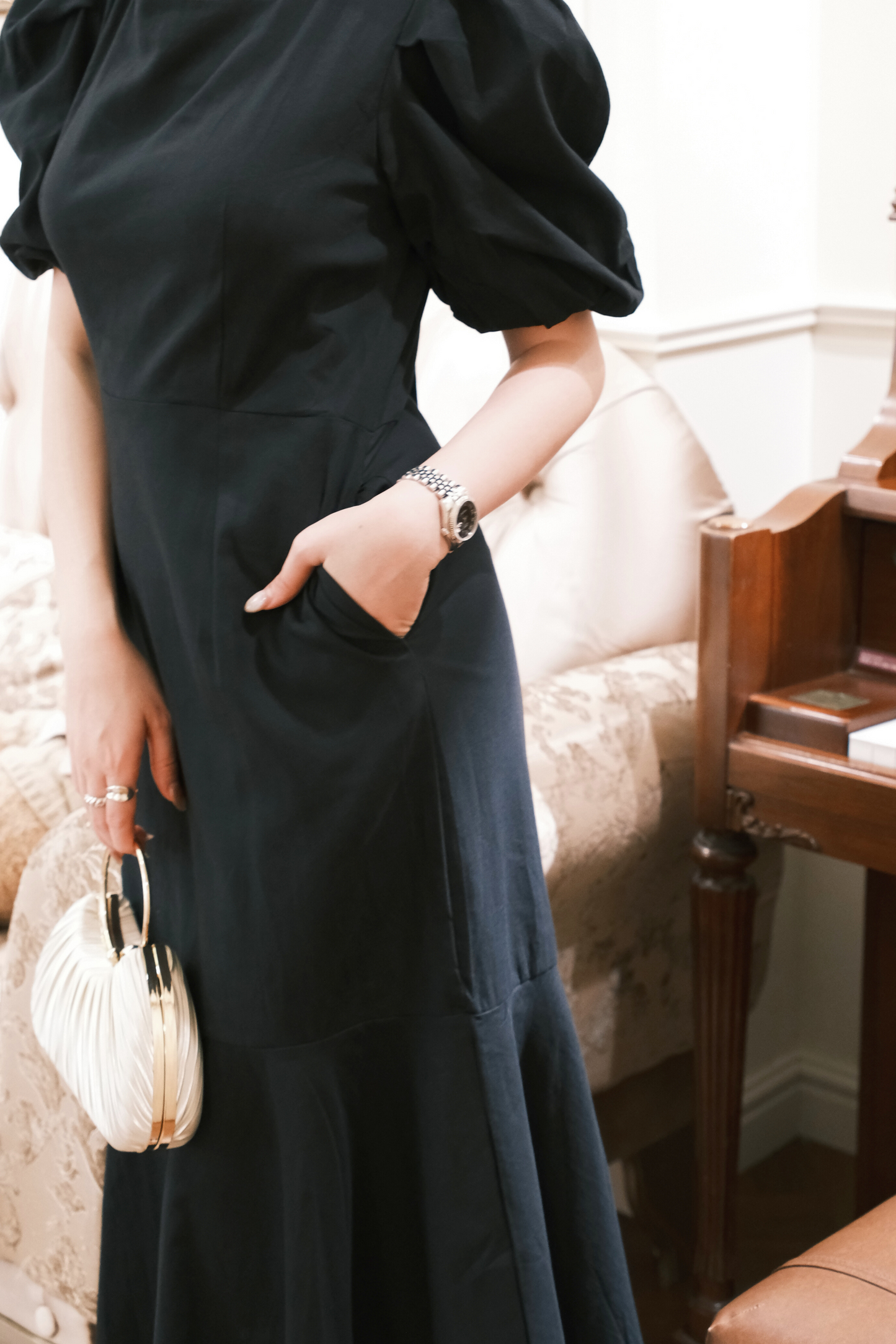 Odile Puff-Sleeve Open-Back Dress