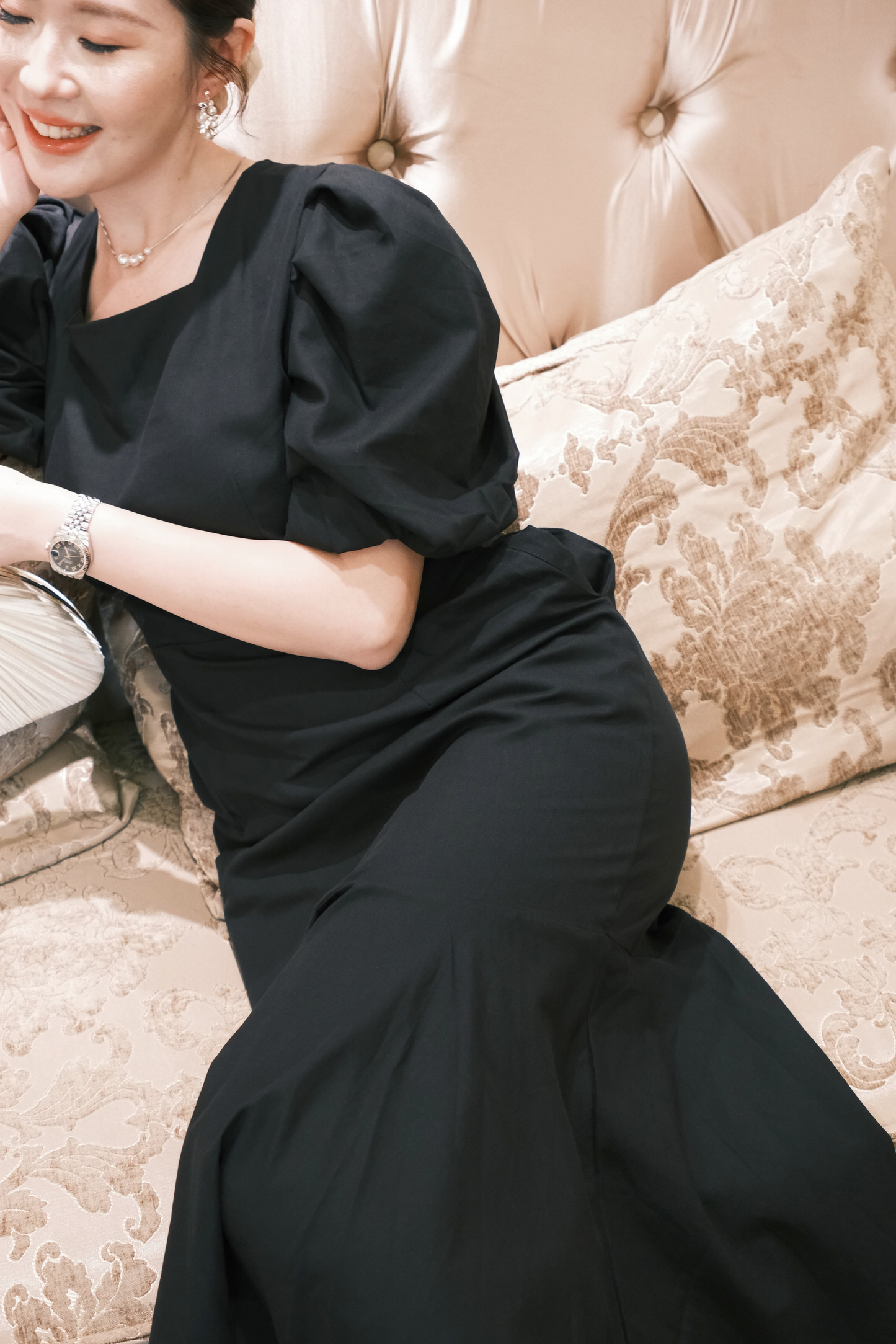 Odile Puff-Sleeve Open-Back Dress