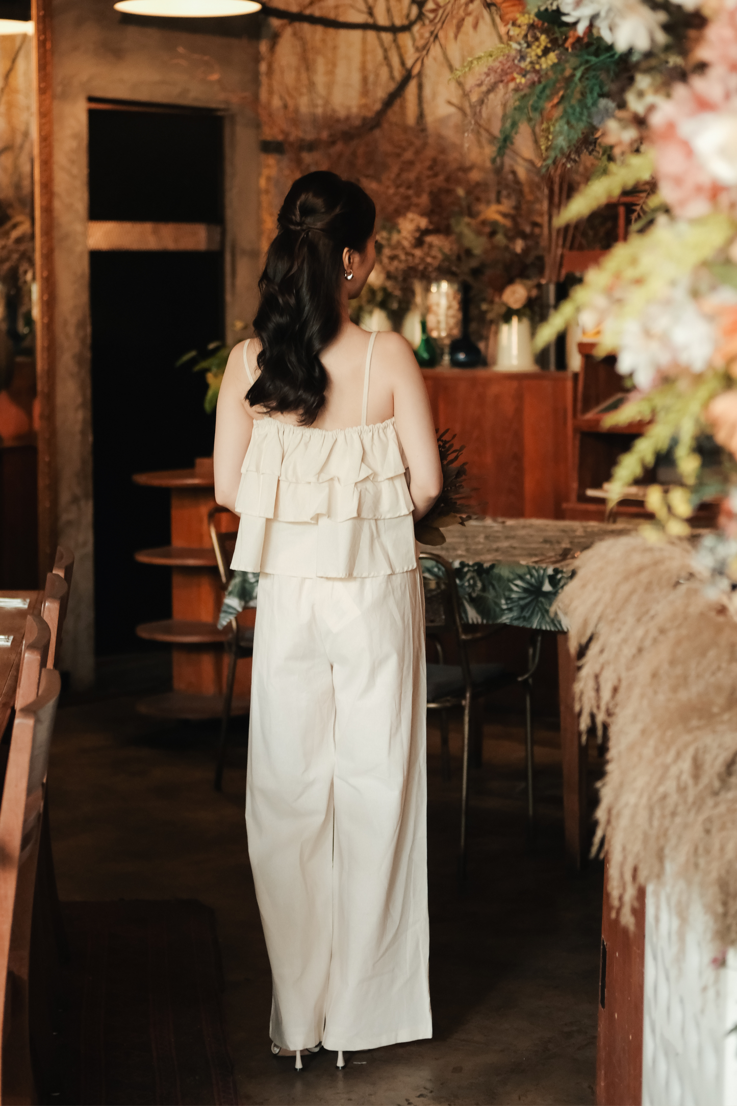Lina Layered Ruffle Cami & Wide-Leg Pants in Beige