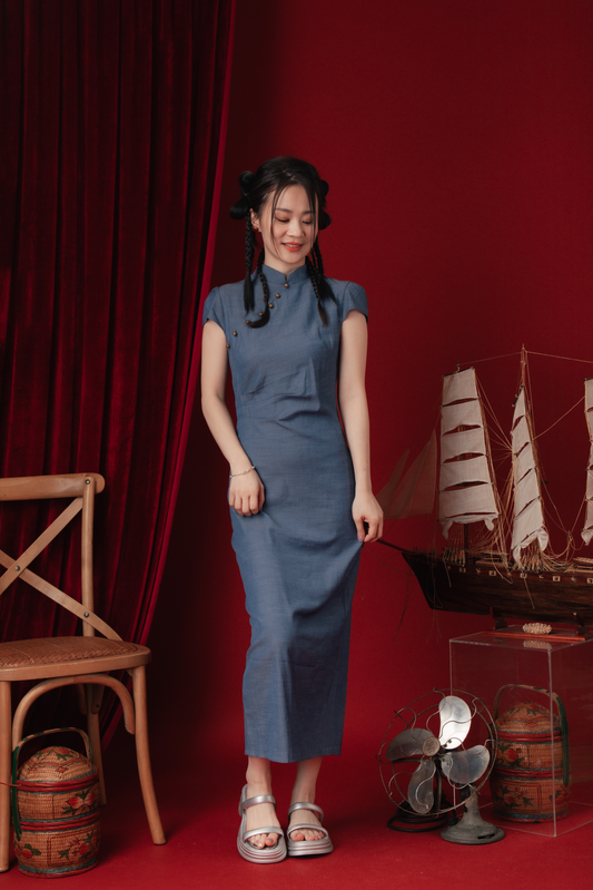 Denim Sculpt Cheongsam Midi Dress
