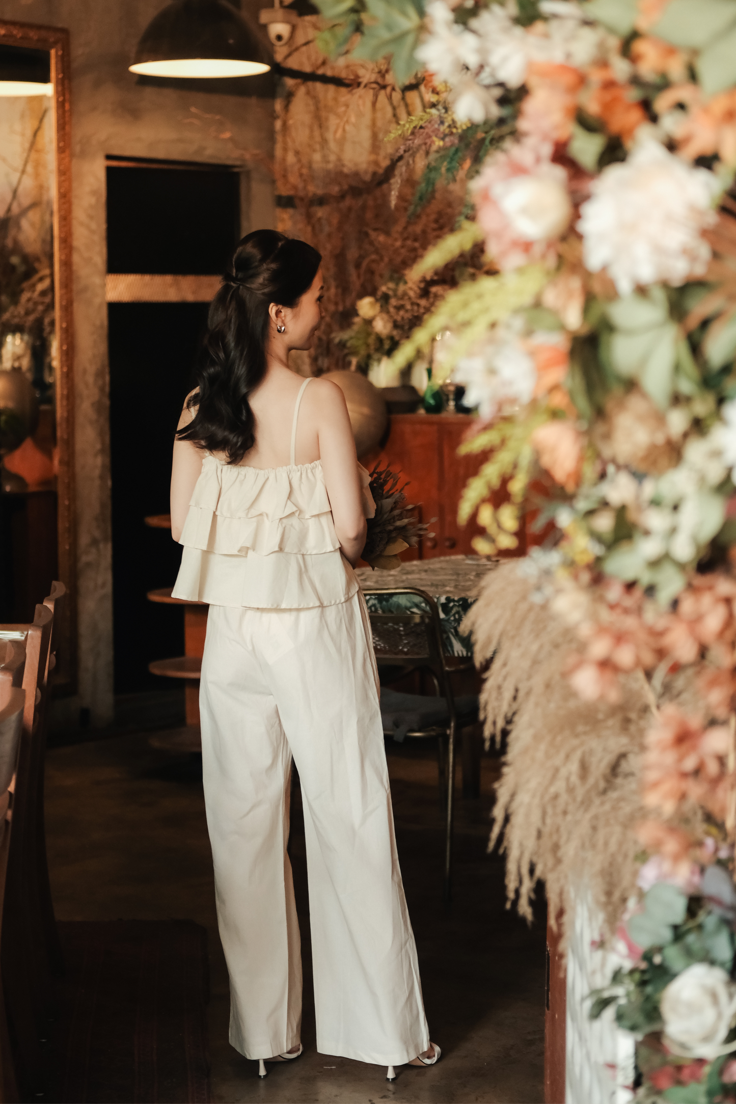 Lina Layered Ruffle Cami & Wide-Leg Pants in Beige