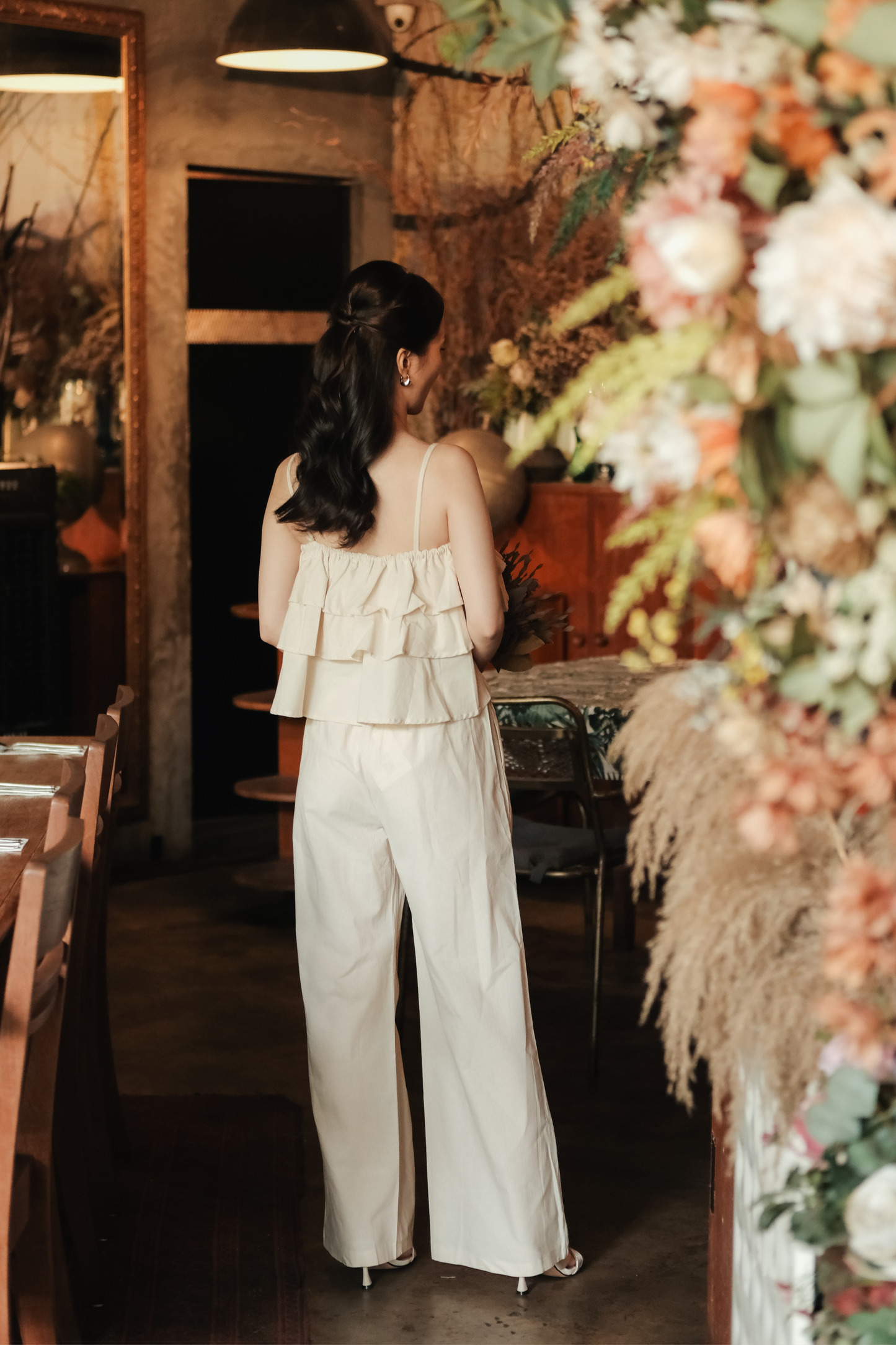 Lina Layered Ruffle Cami & Wide-Leg Pants in Beige