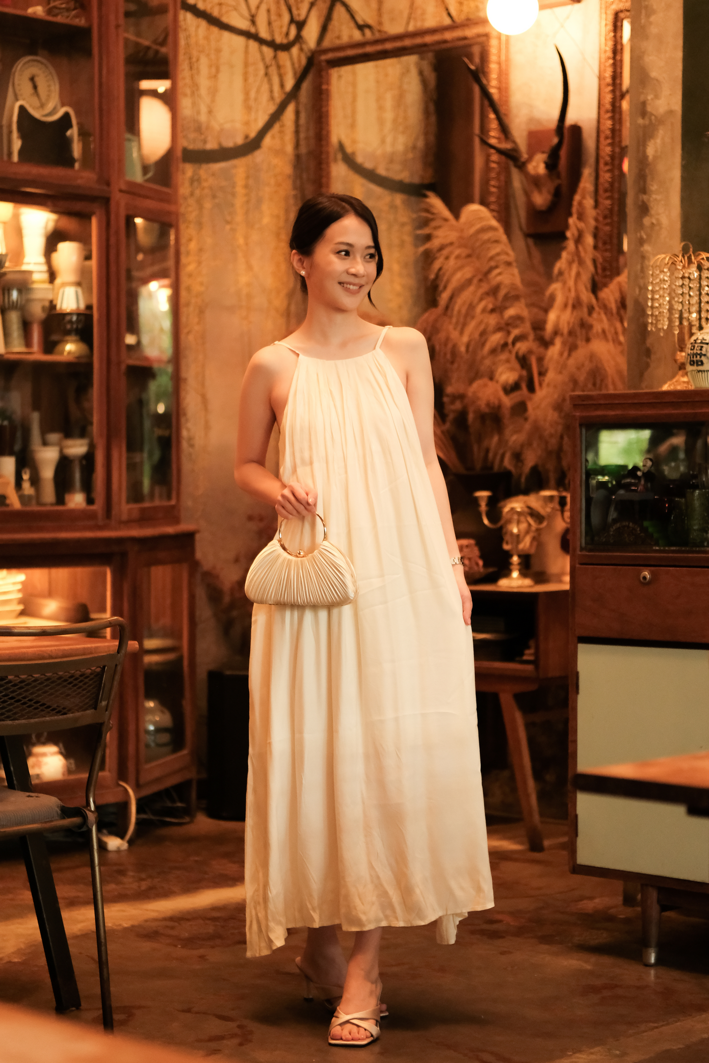 Solène Draped Back Maxi Dress in Beige