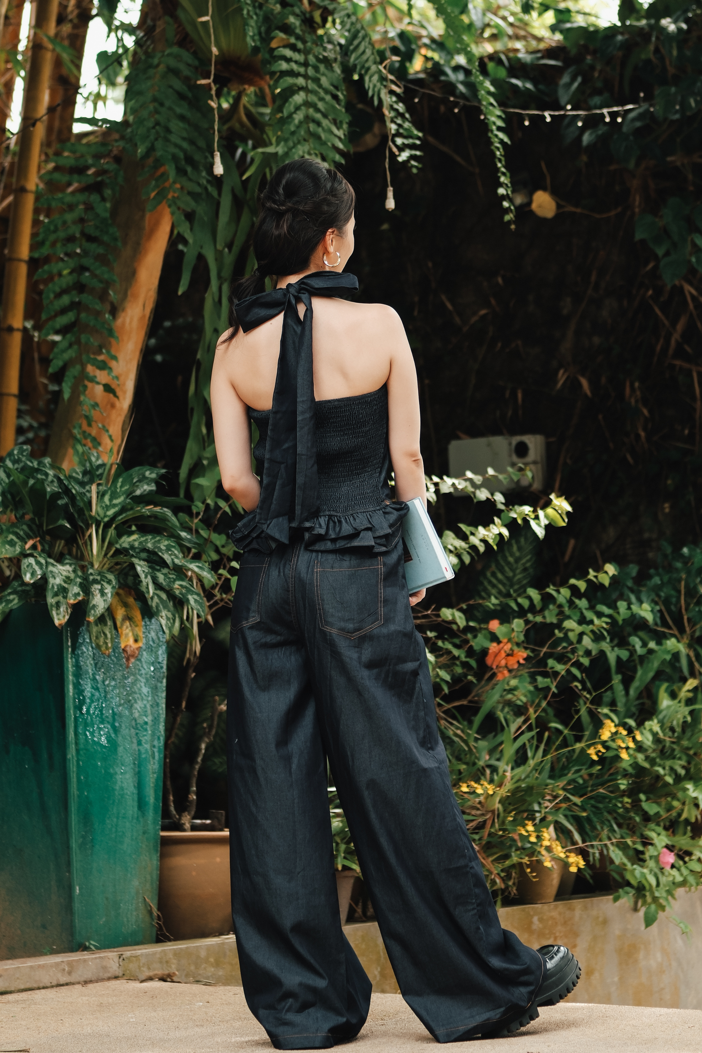 Clara Bow Halter Denim Top & Wide-Leg Pants Set