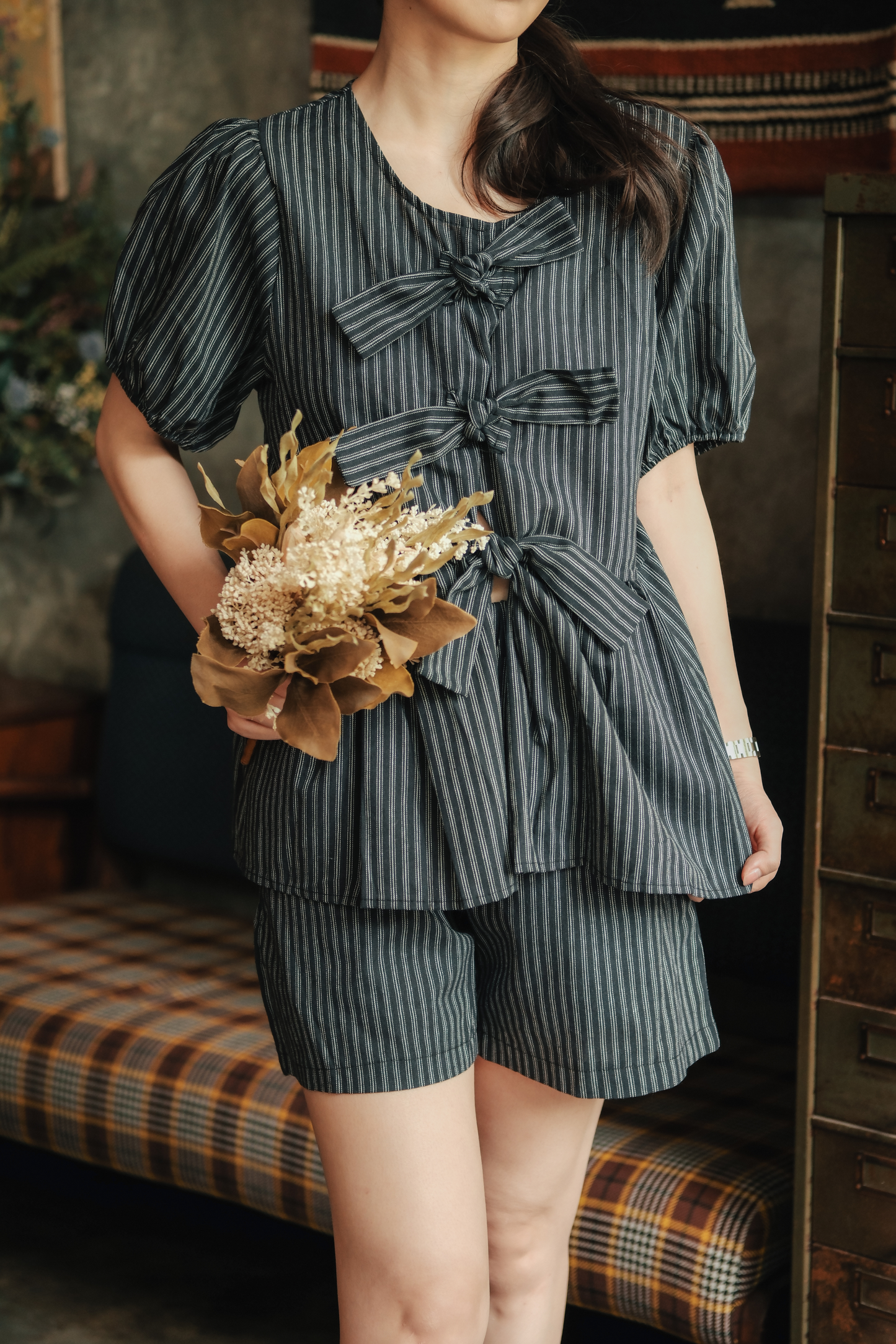 Maëlle Bow Tie Stripe TwinSet in Grey Black
