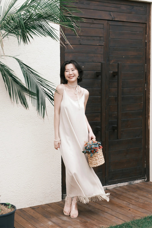 Soleia Fringe Maxi Dress in Oatmeal