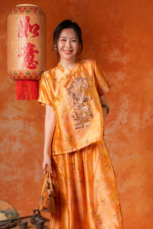 Petra Golden Cheongsam Top and Pants Set
